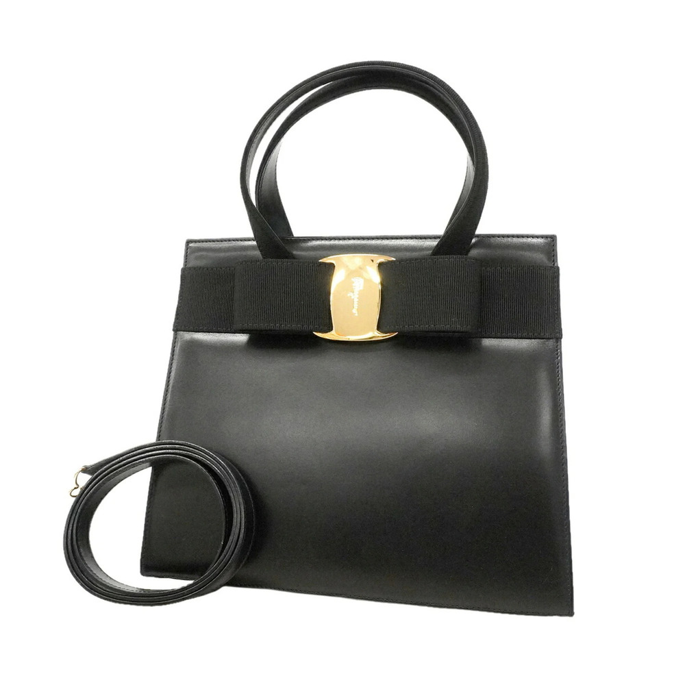 Salvatore Ferragamo Gancini Leather Handbag, Black, 2-way Bag for Women, P364...